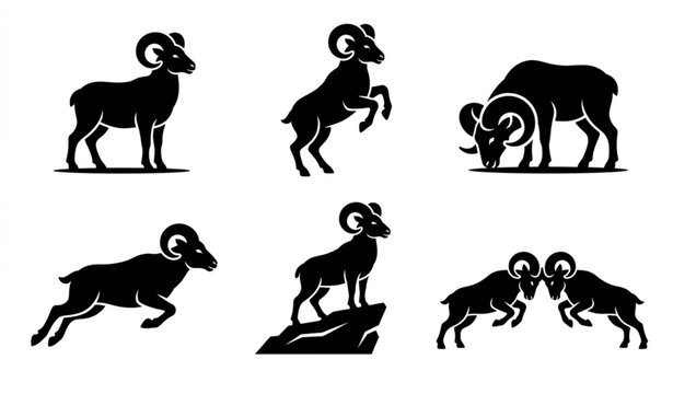 Black Ram Silhouette Icon Set with Dynamic Mountain Sheep Poses in Minimal Vector Style