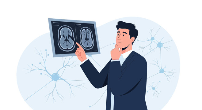 Doctor examining brain scan with neural network background