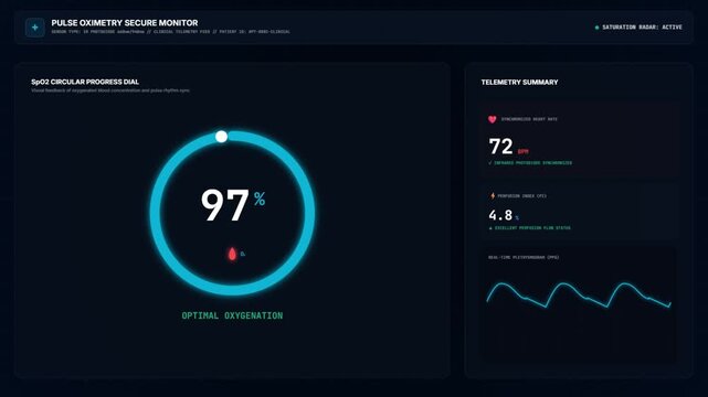 Pulse oximeter monitor interface showing SpO2 oxygen saturation levels, heart rate, and telemetry data.