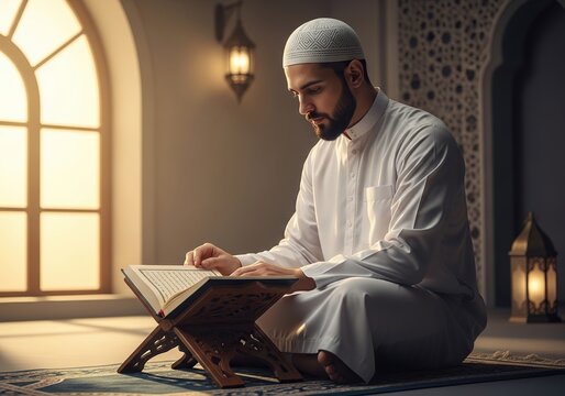 A devout muslim man with a beard wearing a white thobe and kufi cap, sitting on a prayer rug and reading the quran from a wooden stand in a mosque