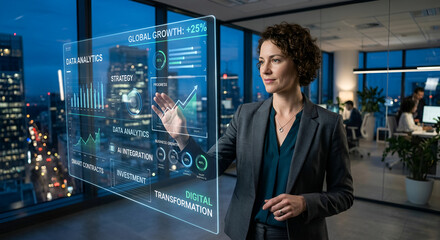 Obraz premium Businesswoman interacting with transparent HUD screen analyzing digital transformation and global growth data analytics in modern office