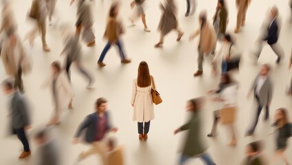 Obraz premium A woman stands still in a sea of people rushing to and fro in a busy city street, her calm demeanor a stark contrast to the chaos around her.