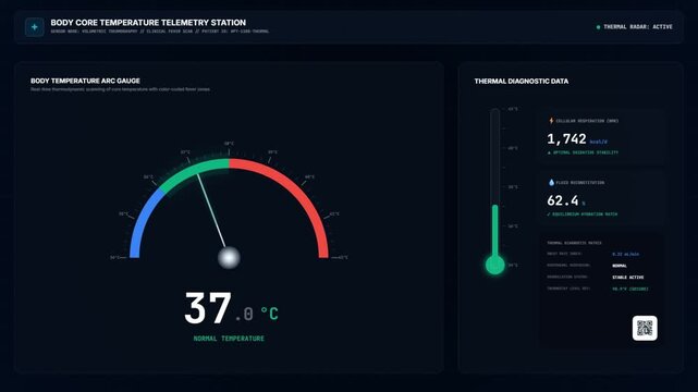 Medical HUD dashboard displaying body temperature telemetry transitioning from hypothermia to normal.