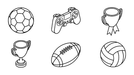 Isometric outline icon set with sports balls, trophy and gamepad © Alan