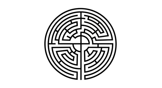 Circular labyrinth maze graphic illustration representing complex challenge, problem-solving, and abstract journey concept