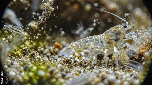 Tiny Marine Crustacean Swims in Sandy Ocean Floor Habitat.