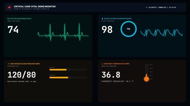 Critical Care Vital Signs Monitor Screen Interface with ECG and SpO2 Waves