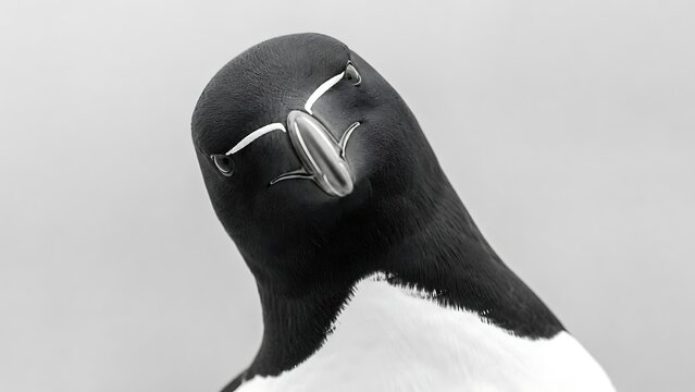 Curious Razorbill Bird Portrait with Tilted Head on Soft Gray Background