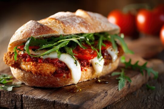 Crispy Italian Chicken Cutlet Sandwich with mozzarella, basil, and tomato on rustic ciabatta