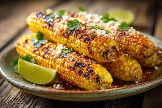 Elotes served on a plate with butter, cotija, and fresh cilantro under warm light