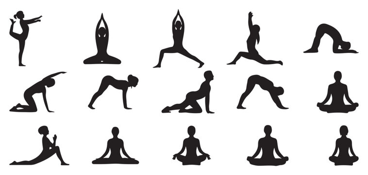 Floor yoga and gymnastics silhouette poses, flexibility exercise icons. vector illustration eps 10