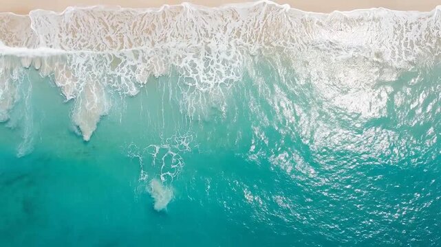 An aerial view of turquoise ocean waves crashing onto a sandy tropical beach shore