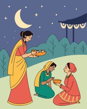 Three women in traditional indian clothing celebrate the karwa chauth festival under a bright crescent moon in this vector illustration