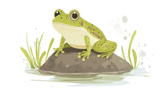 A green frog with brown markings rests on a rock in the water by the grass