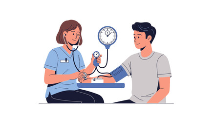 Obraz premium Doctor measuring patient blood pressure with stethoscope and sphygmomanometer.