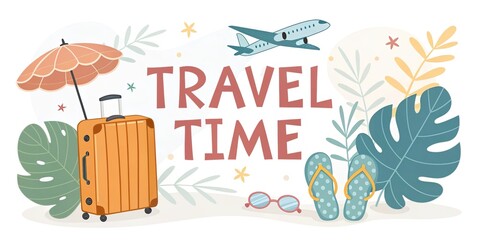 Obraz premium Travel time banner with suitcase airplane and tropical leaves summer vacation