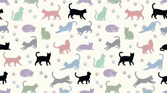 Seamless pattern with cat silhouettes in pastel colors
