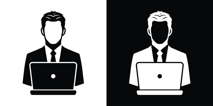 Professional man in a suit working on a laptop computer. Icon representing office work, programming, or online business.