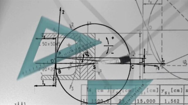 Vintage technical drawing with geometric calculations, architectural blueprint with mathematical formulas, retro engineering sketch on paper