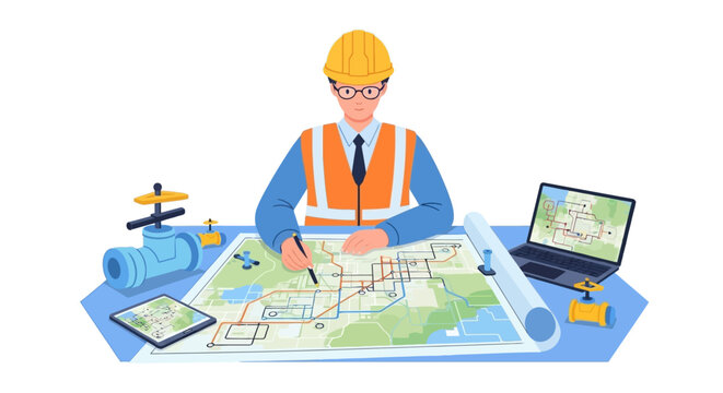 Engineer working on blueprints with laptop and tablet.