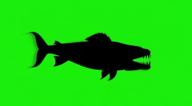 Silhouette Video of a Goliath tigerfish are swimming on the meddle of the screen in green screen background