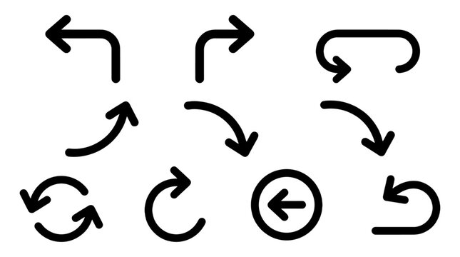 Set of curved directional arrow icons in black outline style