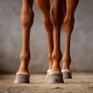Close-up of chestnut horse legs and hooves in a square crop