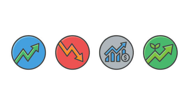 Set of growth and decline trend icons in colored circles