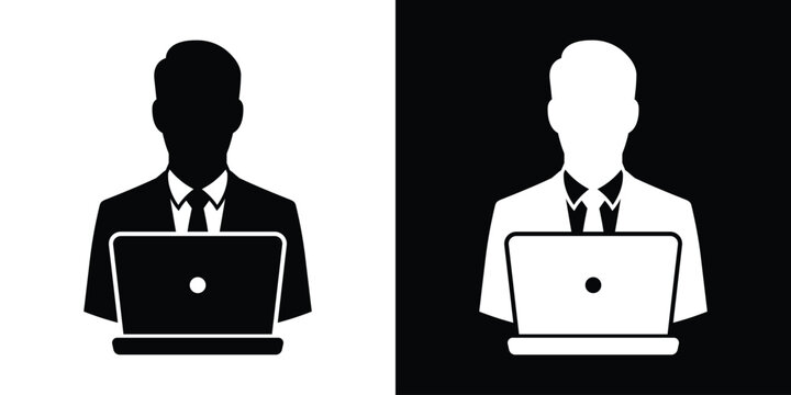 Professional man in a suit working on a laptop computer. Icon representing office work, programming, or online business.