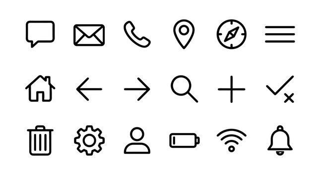 Minimal line interface icon set with common web and app symbols