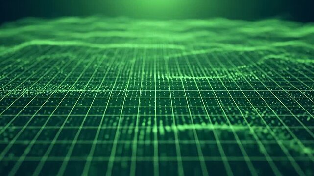 A digital landscape featuring glowing green waves on a dark grid background