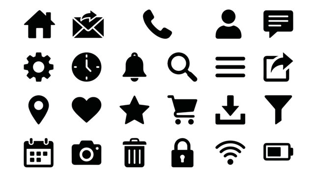 Black user interface icon set with common app symbols
