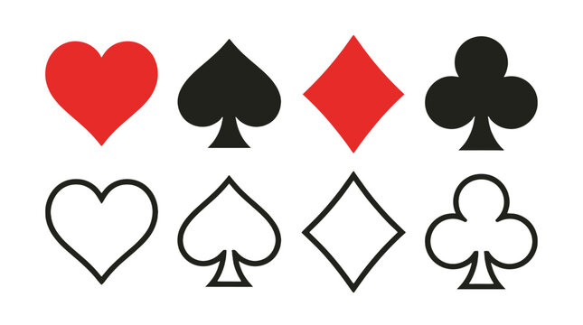 Playing card suit icon set with filled and outlined symbols