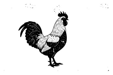 Standing rooster portrait in vintage linocut style, farm animal cockerel engraving, poultry bird mascot illustration © JakubVectorSketch