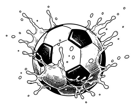 Soccer ball with water splash illustration, dynamic football motion sketch, liquid drops and spray hand drawn engraving