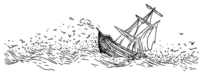 Old sailing ship in stormy ocean waves vintage engraving, nautical vessel fighting sea storm sketch, maritime adventure illustration © JakubVectorSketch