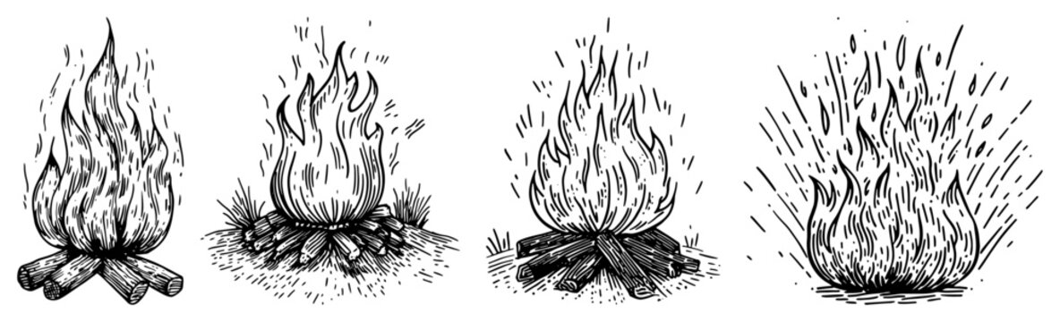 Campfires and bonfires collection with wood logs vintage engraving, outdoor camping fire set, cozy flame and sparks illustration
