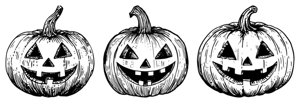 Halloween pumpkins collection with carved scary faces vintage engraving, Jack-o'-lantern set, spooky holiday celebration icons