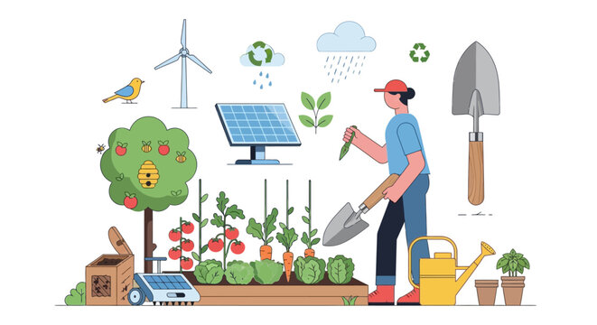 Gardener tending to organic vegetable garden with renewable energy sources.