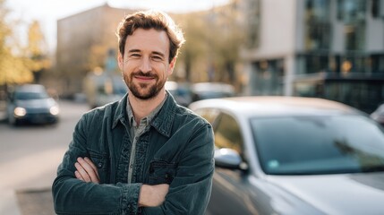 Fototapeta premium Happy, self-assured driver posing by a generic car in a sunlit parking lot, conveying entrepreneurial pride