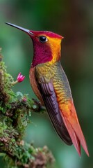 Fototapeta premium Colorful hummingbird perched on a mossy branch, beautiful nature side view portrait.