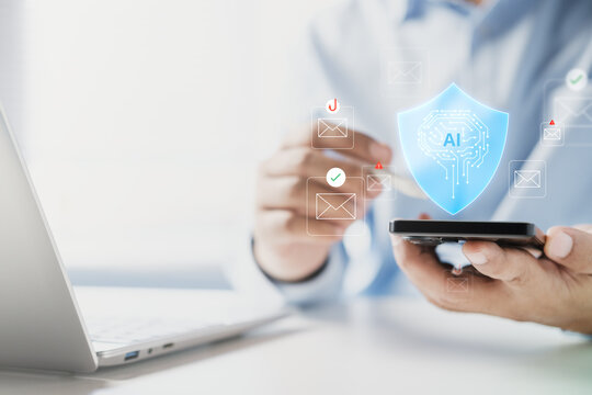 Business professional using AI email automation concept, digital brain interface managing inbox messages, filtering spam, Threat Detection and Cybersecurity Protection Interface in Modern Workspace