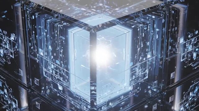 A glowing digital cube with intricate internal circuitry on a dark background