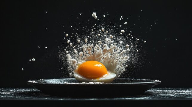 Egg exploding on plate, powder eruption, dark studio background