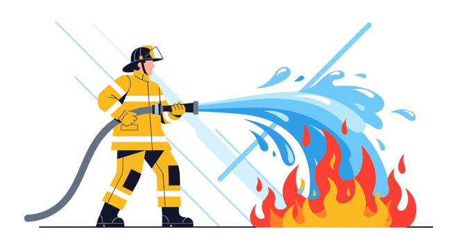 Firefighter bravely battling intense flames with water hose.