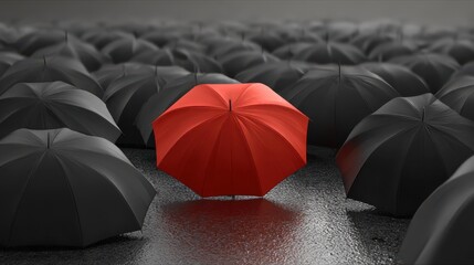 Fototapeta premium A single red umbrella stands out among many black umbrellas, symbolizing leadership and distinction