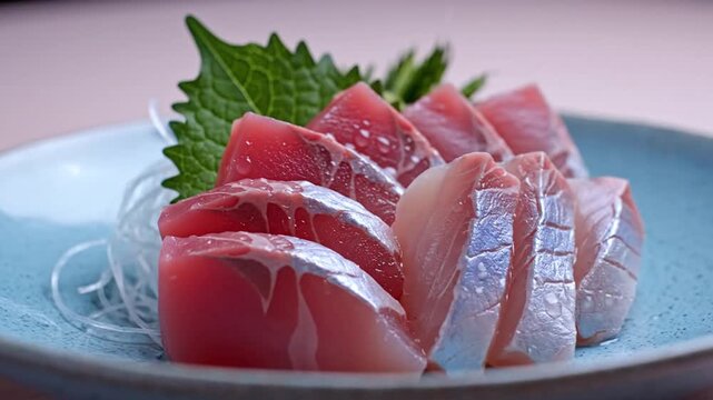 Beautifully sliced raw fish sashimi, showcasing vibrant colors and delicate textures, artfully arranged on a pale blue plate with garnishes.