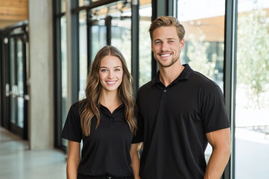 Casual business couple in black polo shirts in a clean, well-lit lobby