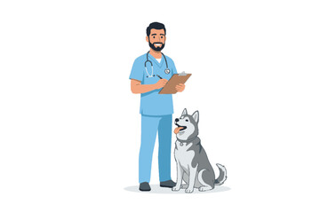 Male veterinarian in blue scrubs with husky dog illustration © babu