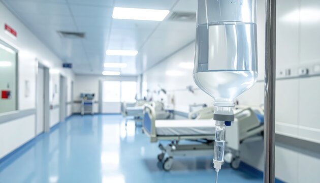 Clear intravenous IV bag with saline solution hanging from a chrome stand in a modern hospital room